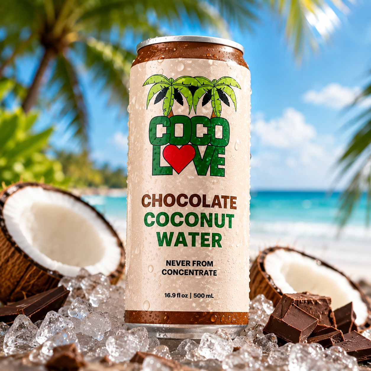 CocoLove Chocolate Coconut Water can on the beach with coconuts and chocolate