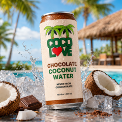 CocoLove Chocolate Coconut Water can poolside with ice and coconuts