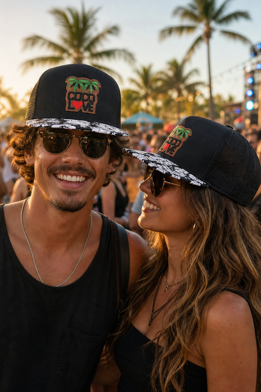 Woman wearing Coco Love trucker hat on a beach boardwalk
