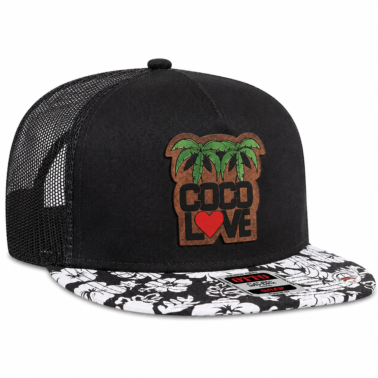 Coco Love trucker snapback product shot — cork patch and hibiscus flat brim